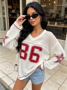 Ladies' Summer Couples Matching Oversized Sweatshirt, Loose Casual Numeric Print Elegant Sheer Knit Top White Spring - White - View 9