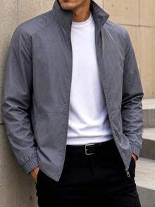 1pc Men's Jacket, Deep Gray Stand Collar Casual Jacket, Comfortable Skin-Friendly Woven Fabric + Mesh Lining, Loose Fit Slimming Style, Outdoor Functional Minimalist Casual, Suitable For Commuting And Outdoor Activities In Spring And Autumn - Dark Grey - View 11