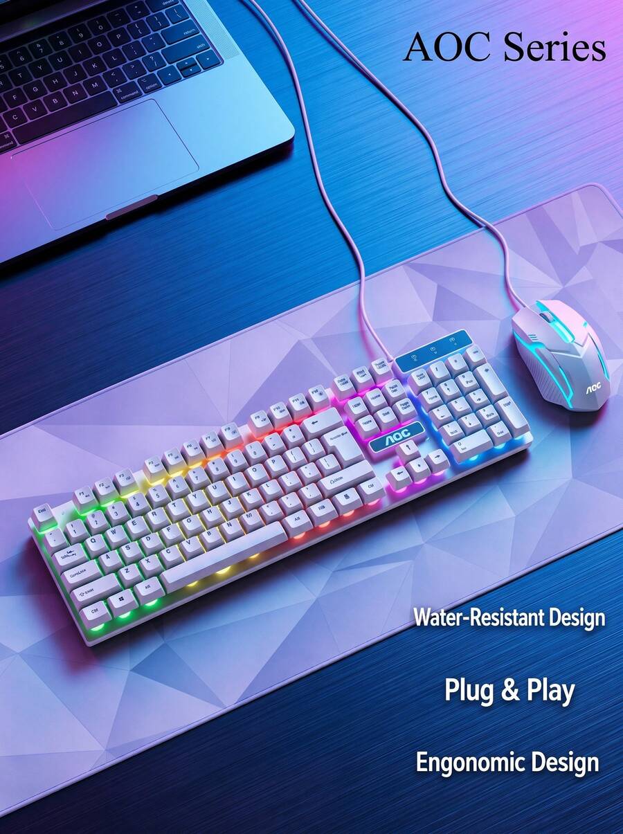 AOC KM100 Mechanical Keyboard, Professional-Grade Gaming Design, Anti-Ghosting, Full-Key Anti-Ghosting, Mixed Light Dynamic Lighting Effect, Plug-And-Play, Driver-Free - White - View 1