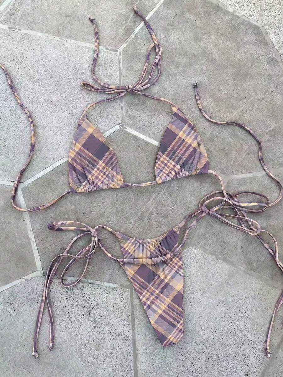 2件組夏季女款紅白格紋掛脖比基尼套裝，適合海灘派對、度假、聖誕節與萬聖節 - 彩色 - 查看 1