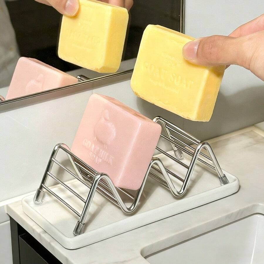 1pc Modern Minimalist Stainless Steel Wavy Soap Dish With Tray, Hollow Design, Prevents Soap Softening, Reversible Use, Easy To Switch, Convenient To Pick Up, Easy To Clean, Keeps Countertop Dry, Suitable For Home Bathroom Soap Drainage Rack - Multicolor - View 1