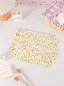 Cute Floral Print Makeup Bag With Pleated Edge Design,Large Capacity Handbag,Portable Zipper Storage Bag,Travel Storage Bag,Coin Wallet,Toiletries Bag - Multicolor - View 13