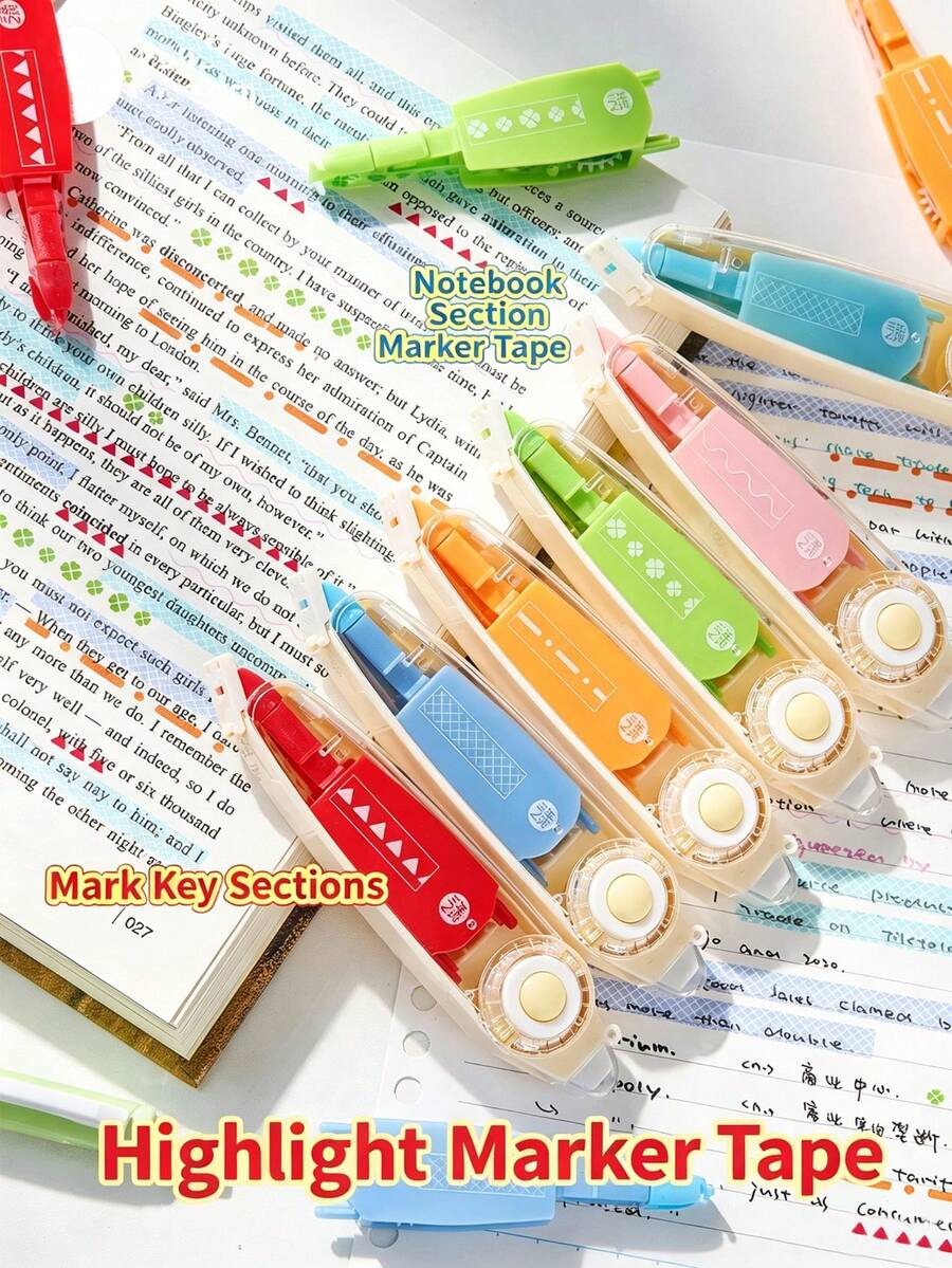 Creative Practical Highlight Correction Tape, Multiple Marking Patterns, Suitable For Highlighting Notes, Learning Classification Labeling, Suitable For Home, Office, Learning And Multiple Scenarios - Multicolor - View 1