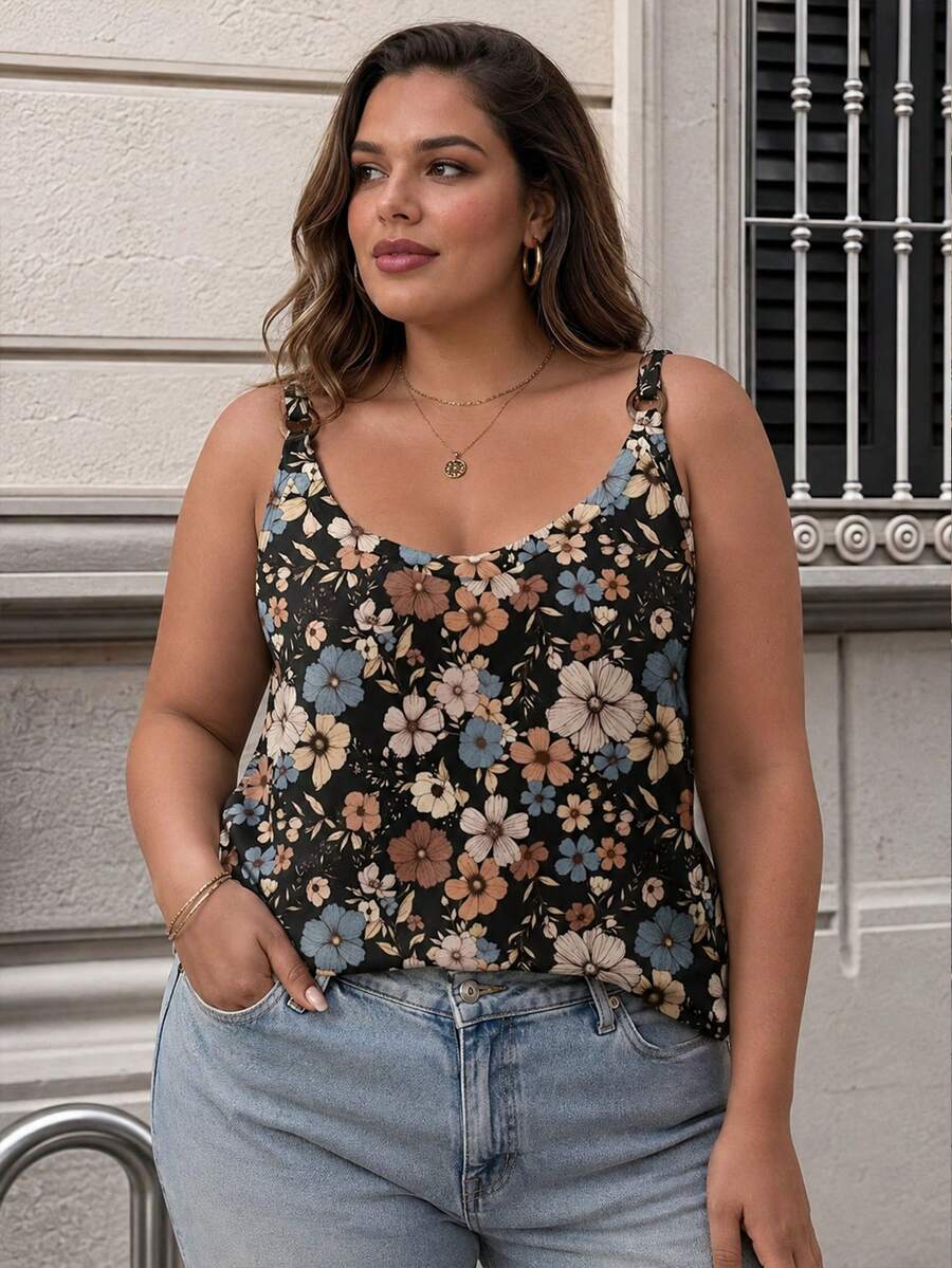 Plus Size Women's Casual Minimalist Floral Print Backless Sleeveless Crop Top, Loose Knit Beach Vacation Style, Summer - Multicolor - View 1