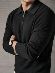 Men's Textured Knit Polo Sweater With Half Zip And Turn-Down Collar, Black Long Sleeve Casual Commuter Pullover Top, Autumn/Winter - Black - View 7