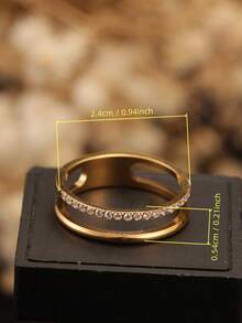 1pc Stainless Steel Double Layer Premium CNC Machined Rhinestone Ring With A Row Of Tiny Zirconia Crown Design - Yellow Gold - View 5
