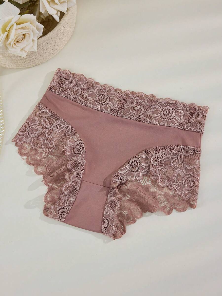 QUASTI 1件女款三角內褲,優雅蕾絲拼接,時尚舒適透氣,浪漫度假風,1-5XL尺寸可選 - 咖啡棕 - 查看 1