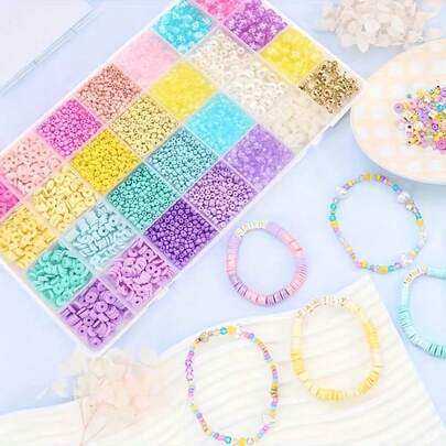 Accesorios de cuentas de arcilla polimérica con bloques de color macaron de 28 rejillas, materiales para hacer collares, pulseras, pendientes y cadenas de teléfono DIY, set de joyería de arcilla blanda hecha a mano (pueden existir diferencias de color entre diferentes lotes de cuentas, sujeto al producto real)