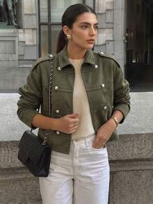 Women's Spring/Autumn Solid Color Vintage Loose Suede Jacket, Lapel Double-Breasted Short Coat, Urban Stroll Weekend Casual Top - Green - View 4