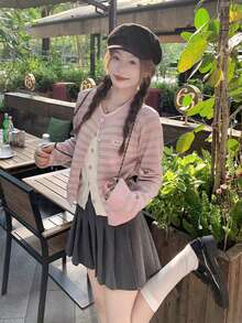 Pink Striped 2 In 1 Sweater Women's Autumn Gentle Loose Knit Cardigan Top - Pink - View 6