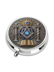 1pc 3-Compartment Freemasonry Symbol Universal Eye Ancient Art Theme Mini Pill Box, Metal Mini Pill Box Organizer For Medicine And Vitamins, Decorative Gold - Multicolor - View 3