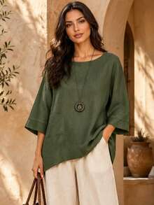 Women's Spring Summer Autumn Vintage Artistic Elegant Commuter Casual Solid Color Pocket Asymmetrical Shirt, Unique Asymmetrical Design Country Style Versatile Retro Top - Army Green - View 1