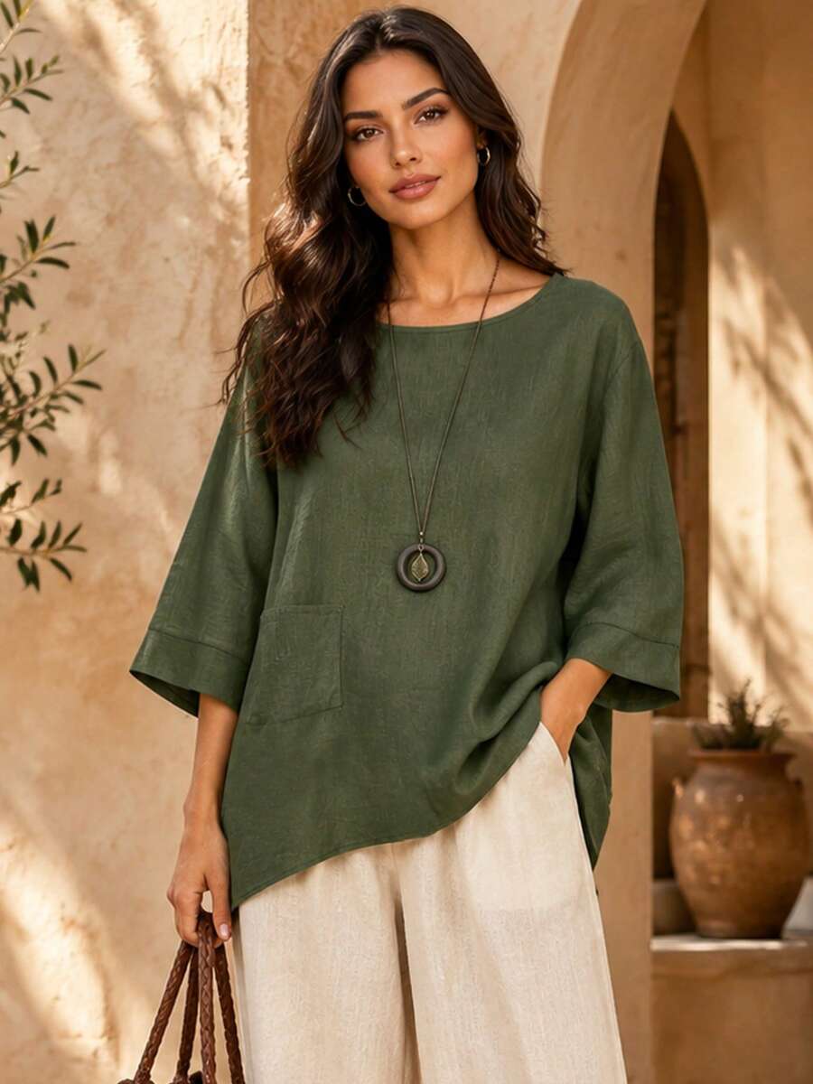 Women's Spring Summer Autumn Vintage Artistic Elegant Commuter Casual Solid Color Pocket Asymmetrical Shirt, Unique Asymmetrical Design Country Style Versatile Retro Top - Army Green - View 1