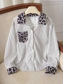 8-12 Years Old Tween Girls Spring/Autumn Fashion New White Striped Colorblock Leopard Print Lapel Long Sleeve Shirt Top - White - View 1