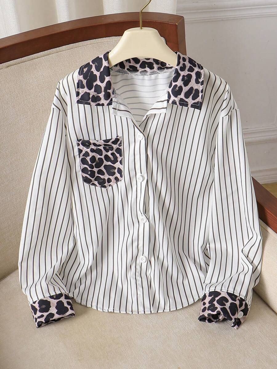 8-12 Years Old Tween Girls Spring/Autumn Fashion New White Striped Colorblock Leopard Print Lapel Long Sleeve Shirt Top - White - View 1