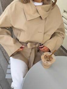 Jaket Kemeja Wanita Warna Khaki dengan Sabuk, Jaket Musim Gugur Ringan Berkerah Ukuran Besar - Khaki - View 6