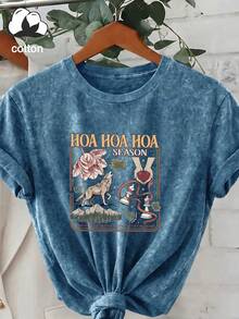 大尺碼女款日常 Twilight 主題狼與花卉印花圓領短袖休閒 T-shirt 上衣，春夏秋度假穿搭 - 寶藍色 - 查看 4