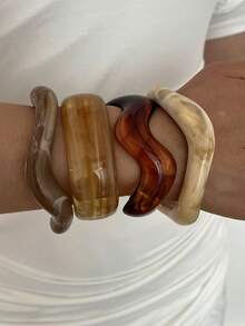 4pcs Multi-Layer Stackable Fashion Minimalist Elegant Exquisite Vintage Design Geometric Ribbon Wavy Texture Brown Resin Asymmetrical Marbled Pattern Exaggerated Wide Chunky Bangles Holiday Vacation Party Date Gift Daily Commute Wear Personalized - Multicolor - View 2