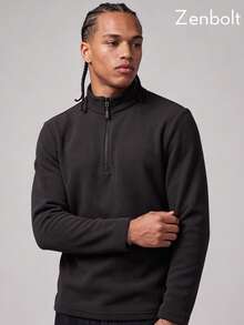 Zenbolt Men Half‑Zip Stand Collar Fleece Pullover, Soft Long Sleeve Relaxed Fit Casual Top For Daily Wear - Black - View 3