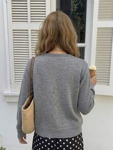 JustMiss Women's Round Neck Long Sleeve Knit Loose Short Cardigan, Minimalist Commute Button-Up Knit Sweater, Spring/Autumn - Dark Grey - View 5