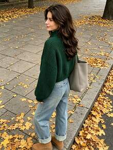Women's High Neck Solid Color Loose Short Knit Sweater, Fox Moon Star Embroidery, Soft Comfortable Autumn/Winter Versatile Top - Green - View 3