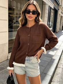 Women's Casual Bow Button Patchwork Contrast Color Pocket Knit Cardigan, Autumn/Winter - Coffee Brown - View 10