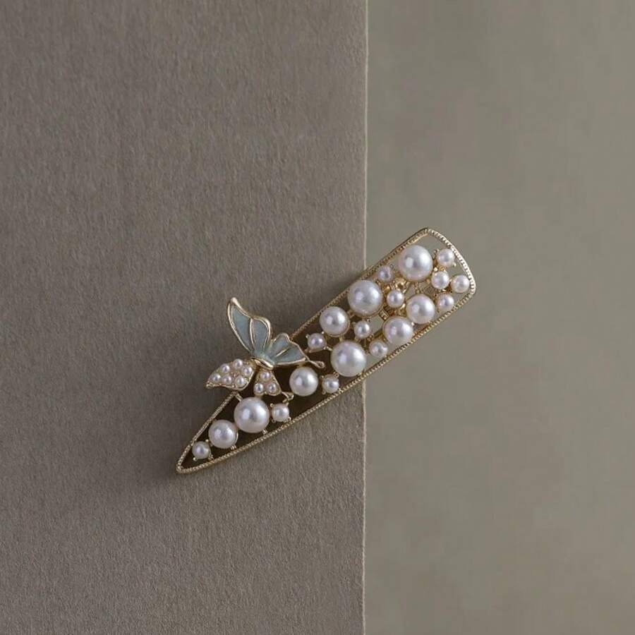 1pc Fairy Blue Butterfly Hair Clip, Cute Small Bangs Clip, Pearl Side Clip, Alligator Hair Clip For Women - White - View 1