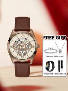 Guess Men's Vintage Styled Openwork Watch Rich Chocolate Leather Strap Warm Tone Bezel Roman Numeral Track Analog Quartz Wristwatch Business Promotions Gift - one-size - View 7