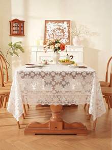 1PC White Floral Lace Tablecloth, Hollow Out Tulle Daisy Embroidered Table Cover, Vintage Bohemian Style Decorative Beautiful Tablecloth, Suitable For Dining Room, Party, Wedding And Home Decor - White - View 2