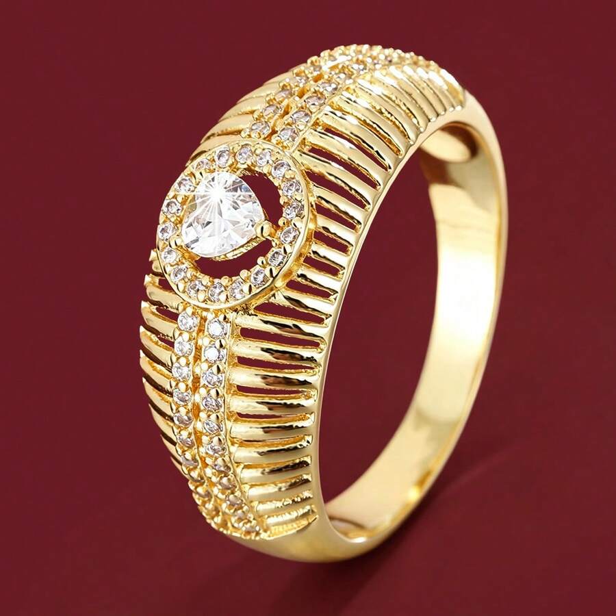 1pc Hollow Line Arched Heart Design Cubic Zirconia Inlaid Wide Band Ring For Women - Multicolor - View 1
