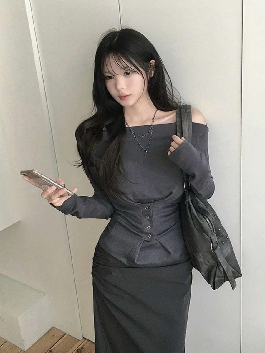 Women's Waist-Cinched Button-Up Long Sleeve T-Shirt, Open Shoulder Off-Shoulder Top, Autumn - Grey - View 1