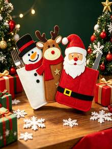 1pc Cute ChristmasTableware Storage, Santa Claus, Reindeer, Snow Man Designs, Christmas Tableware Holder, Placemat, Silverware Pocket, Party Table Decoration, Adding Color To Your Holiday Party Table - Multicolor - View 5