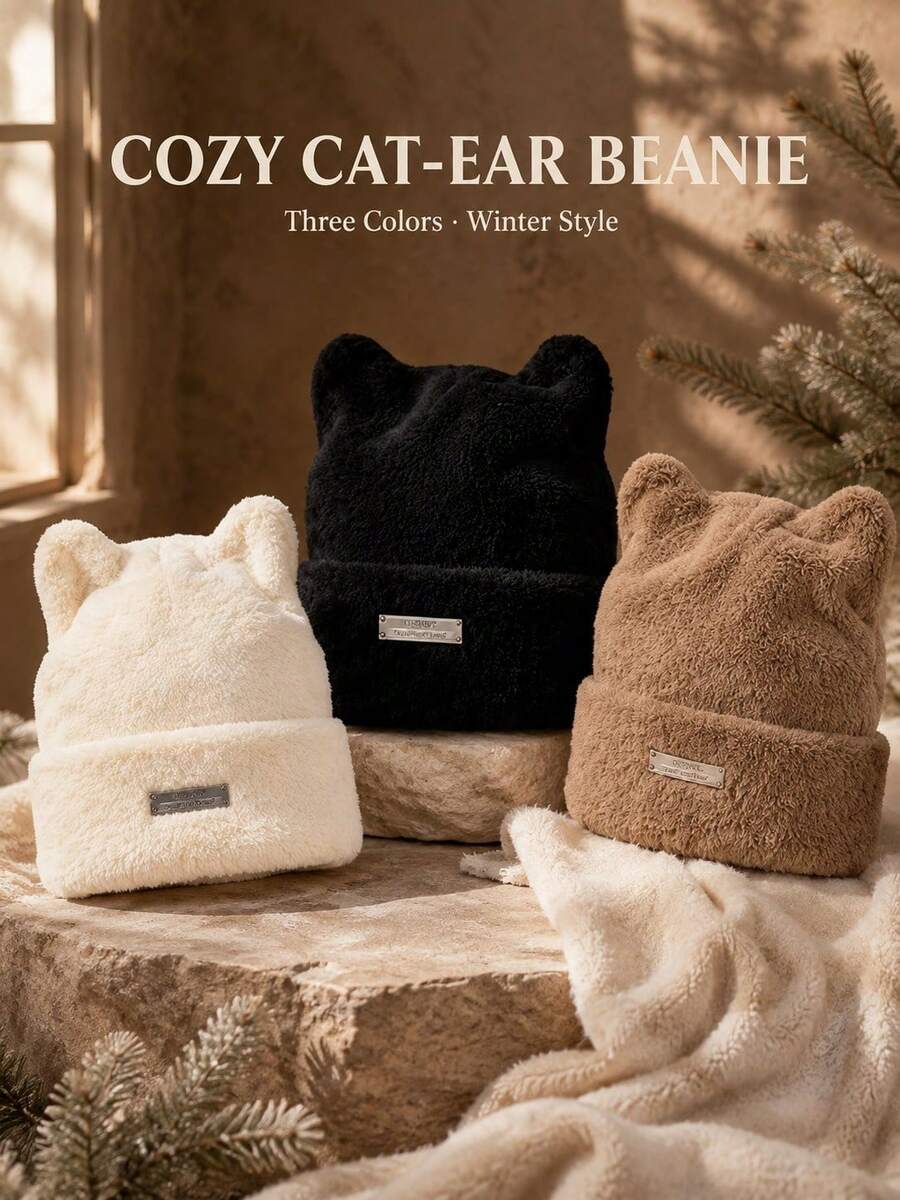 Cat Ear Plush Knit Beanie Hat, Woolen Yarn Hat, Women's Fashion Versatile Plush Hat - Multicolor - View 1