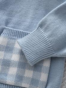bearleader Autumn/Winter Girls Knit Set, Plaid Large Lapel Front Button Sweater With Pockets, Grey Skirt, British Academy Style - Blue - View 6