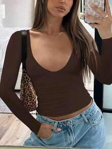 Fashionable Sexy V-Neck Tight Fit Long Sleeve Base Layer Top, Spring/Summer New Arrival Casual - Coffee Brown - View 2