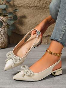 Spring/Summer New Elegant Beige Women's Slingback Pointed Toe Low Heel Pearl Rhinestone Bow Ballet Shoes, Versatile For Commute And Date - Beige - View 3