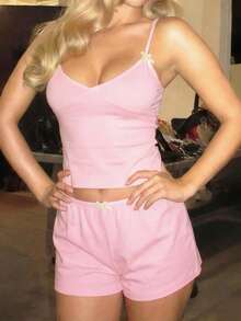 DOUCIU Sexy Two Pieces Spaghetti Strap Camisole And Shorts Set For Women, Medium Stretch Fabric For A Comfortable Summer Fit - Pink - View 5
