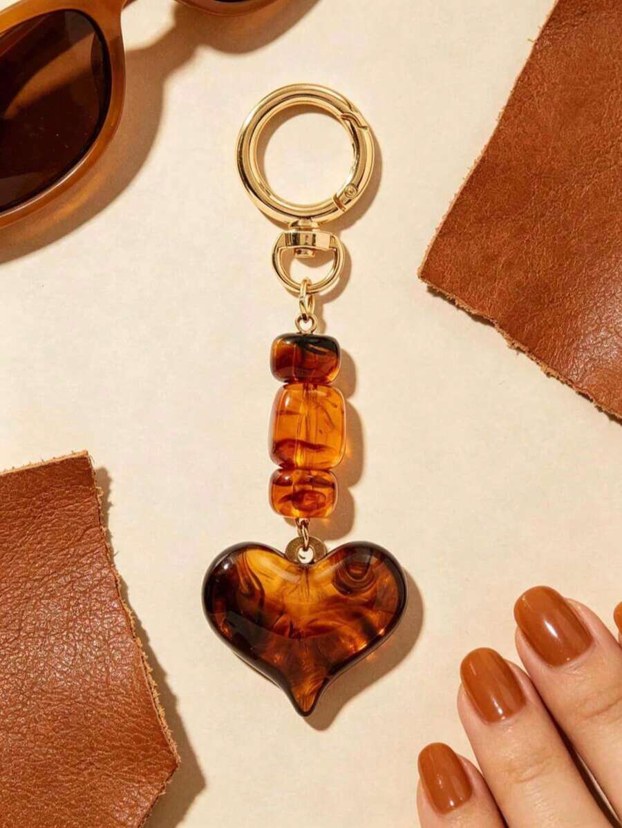 1pc Vintage Amber Tortoise Shell Pattern Resin Heart Keychain, Maillard Brown Tone Beaded Bag Charm, Perfect Gift - Multicolor - View 1