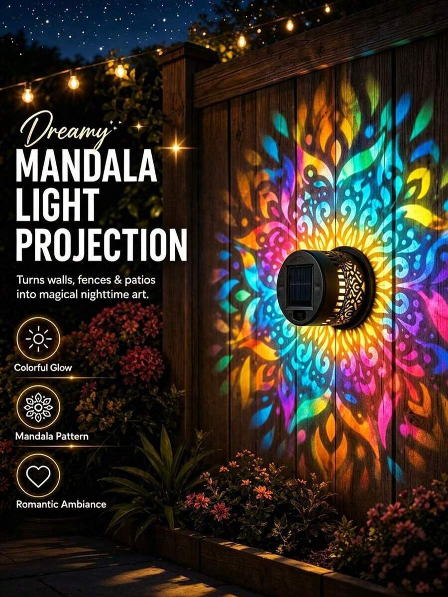 Mandala Solar Fence Light, Outdoor Projection Wall Lamp, Colorful Mandala Theme Design LED Solar Light, Suitable For Garden, Patio And Stair Lighting, Yard, Backyard And Front Door Decoration, Christmas - Solar Projector Light - View 1