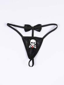 Halloween Men's Black Sexy Mesh Breathable Comfortable Cool Skull Print Semi-Sheer Large Pouch Bow Decor Thong - Black - View 2