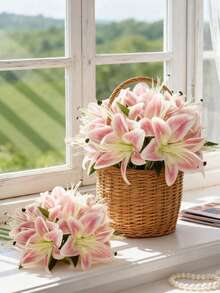 6 Bundles Artificial Pink Lily Bouquet, Suitable For Wedding Table Centerpiece Decoration, Home Decor Floral Arrangement, DIY Gift - Multicolor - View 5