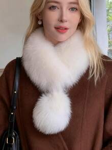 1pc Autumn/Winter Korean Style Thickened Solid Color Faux Rabbit Fur Plush Scarf, Warm Cross Collar Neck Warmer - Multicolor - View 5