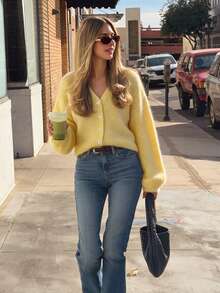 Women Yellow Solid Color V-Neck Front Button Long Sleeve Cardigan, Soft Knit Regular Fit Autumn Cardigan For Daily Work & Going Out - Yellow - View 6