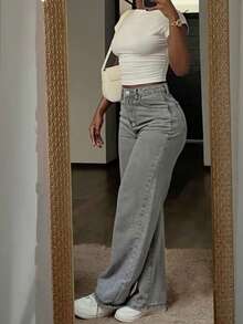 Women's Fashion Vintage Grey Straight Leg Jeans, Loose Drape Slimming Street Style Long Pants - Grey - View 3