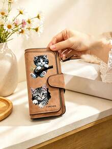 Gray Tabby Cat Design Retro Wallet, Two Fold Multi Zipper Separated Wallet, Coin Purse, Multiple Card Slots And Cash Compartments, Daily Commuting - Multicolor - View 6