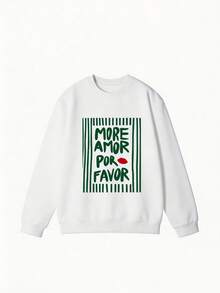 1 pieza Sudadera holgada de moda con cuello redondo y manga larga para mujer, estilo INS con estampado divertido de rayas en inglés "MORE AMOR POR FAVOR", capa base para otoño/invierno, prenda exterior, top Y2K para mujer - Blanco - Ver 5