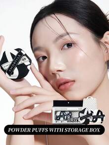 Amortals 3件組化妝工具套組，黑白對比印花粉撲與扁平底妝刷附收納盒，柔軟親膚乾濕兩用，適用液態底妝與定妝，熱門流行化妝配件 - 淺藍色 - 查看 7