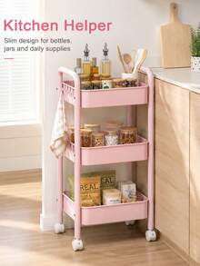 1pc 3-Tier Large Capacity Mobile Storage Cart, Storage Rack, Trolley, Metal Thickened Frame Pink Minimalist Style, With Handle, Hooks, Universal Wheels, Hollow Drainage Storage Basket, Snack, Miscellaneous, Skincare Product Storage Rack, Suitable For Bedroom, Office, Living Room, Kitchen, Bathroom, Dorm, Rental Apartment Daily Home Storage - Multicolor - View 7