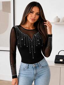 ChicMe ملابس علوية نسائية مثيرة للحفلات والنوادي مزينة بالراين ستون، بأكمام طويلة شفافة من الشبك مع قطع ملائمة - الأسود - مشاهدة 3