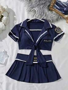 1pc Solid Color Polyester (Polyester) College Style Women's Outfit, Uniform Set, Cosplay Navy Style Uniform 3-Piece Set, Christmas New Year Party Costume - Blue - View 4